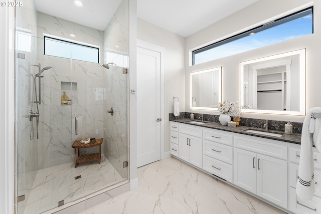 565 W U St, Washougal, WA 98671 - full bath featuring double vanity, a sink, marble finish floor, and a marble finish shower