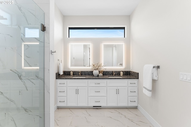 565 W U St, Washougal, WA 98671 - full bath featuring baseboards, a marble finish shower, a sink, and marble finish floor