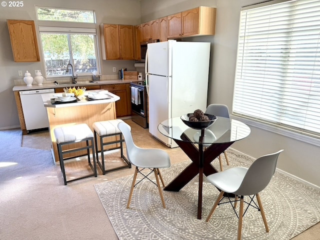 kitchen featuring sink, stainless steel appliances, light carpet, and a center island