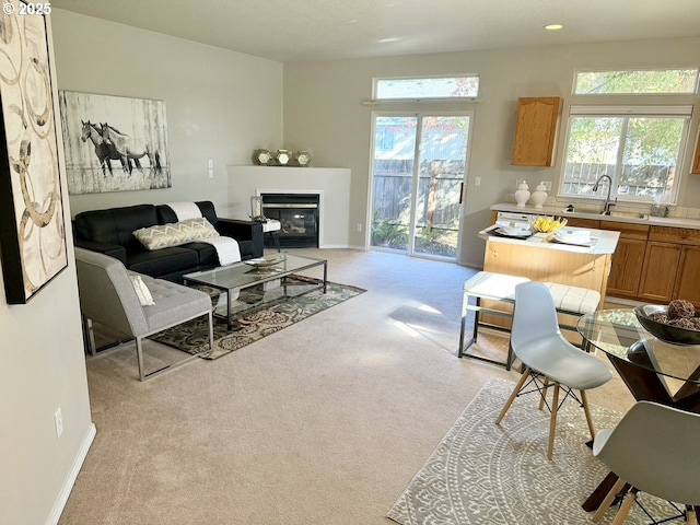 carpeted living room with sink and a wealth of natural light