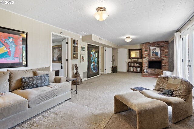 6985 SW Florence Ln, Portland, OR 97223 - carpeted living room featuring a brick fireplace