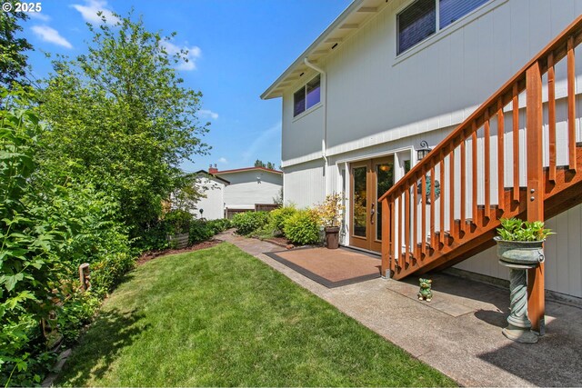 6985 SW Florence Ln, Portland, OR 97223 - view of grassy yard with stairway and french doors