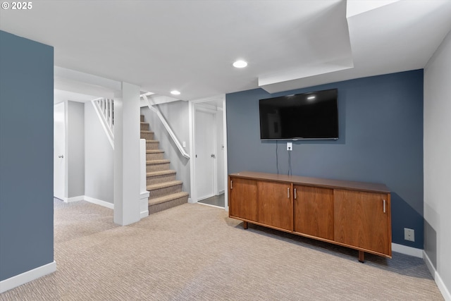 6815 N Smith St, Portland, OR 97203 - finished basement with carpet flooring, baseboards, recessed lighting, and stairway