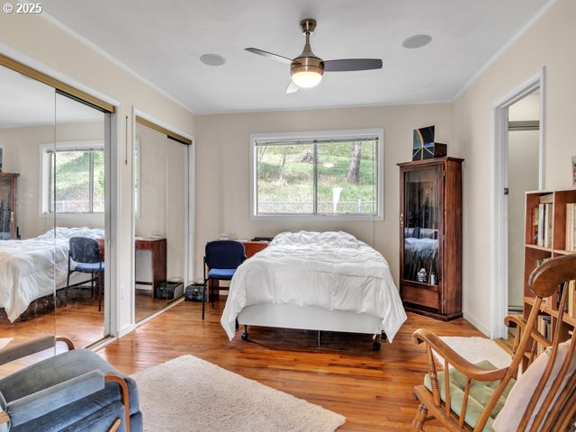 bedroom featuring multiple closets, a ceiling fan, and wood finished floors