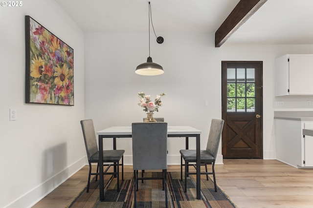 6516 SE 17th Ave, Portland, OR 97202 - dining space featuring light wood finished floors, beamed ceiling, and baseboards