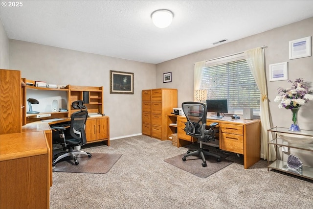 home office featuring baseboards, visible vents, a textured ceiling, and light colored carpet