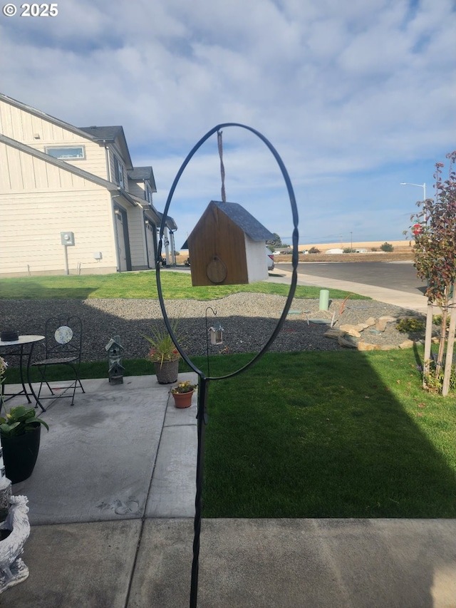 view of yard featuring an outbuilding, a storage unit, and a patio area