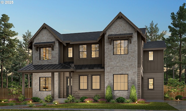 view of front facade with a standing seam roof, metal roof, board and batten siding, and fence