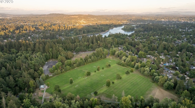 drone / aerial view featuring a water view and a view of trees