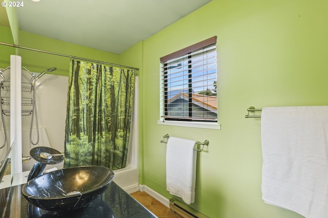 bathroom featuring tile patterned flooring, curtained shower, and baseboards