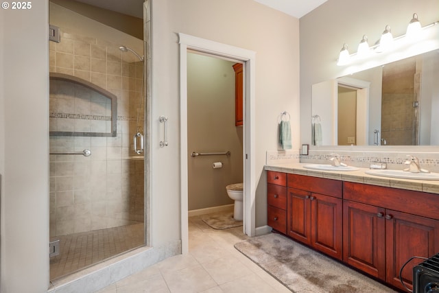 bathroom featuring toilet, an enclosed shower, tile patterned floors, vanity, and backsplash