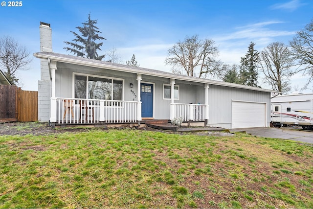 ranch-style house featuring a chimney, a porch, a front yard, fence, and a garage