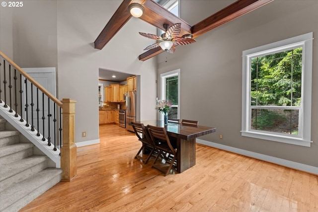 7444 SE 114th Ave, Portland, OR 97266 - dining area featuring beam ceiling, ceiling fan, light wood finished floors, baseboards, and stairway