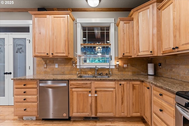 7444 SE 114th Ave, Portland, OR 97266 - kitchen featuring dishwasher, a sink, light brown cabinets, ornamental molding, and backsplash