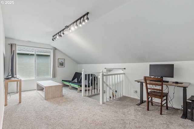 11255 SW Chickadee Ter, Beaverton, OR 97007 - carpeted home office with lofted ceiling, rail lighting, and baseboards