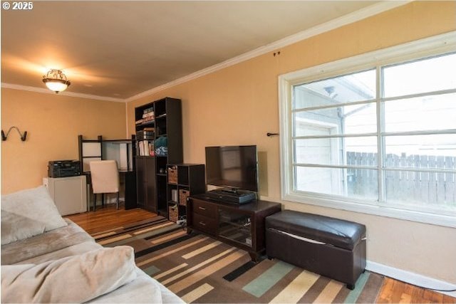 living area with crown molding and baseboards