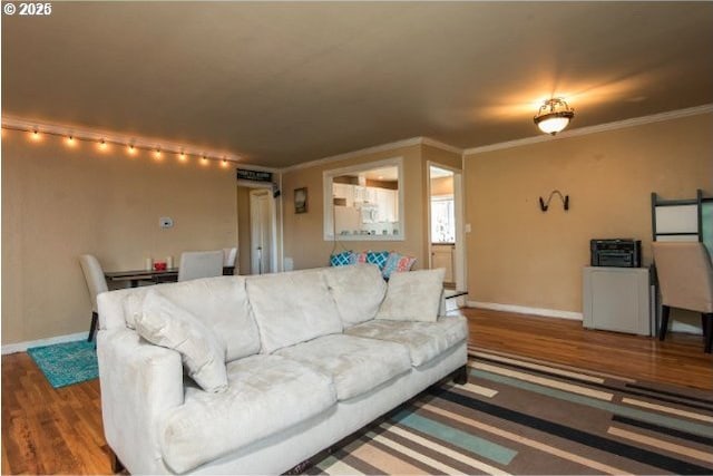 living area featuring wood finished floors, baseboards, and ornamental molding