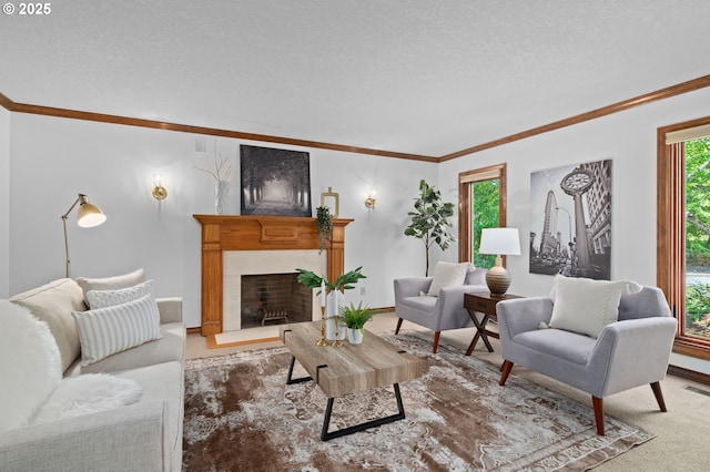 10670 NW La Cassel Crest Ln, Portland, OR 97229 - living area with a fireplace, crown molding, and a textured ceiling