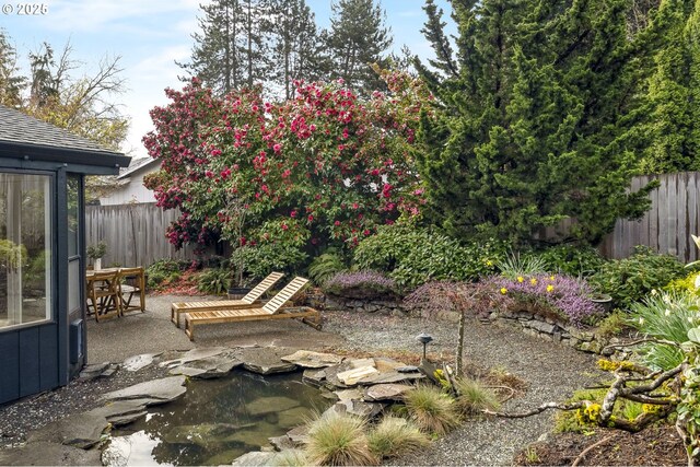 view of yard featuring a patio and fence