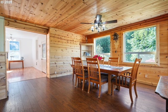 3412 NE 399th St, La Center, WA 98629 - dining area with wooden walls, wooden ceiling, dark wood-style floors, ceiling fan, and a chandelier