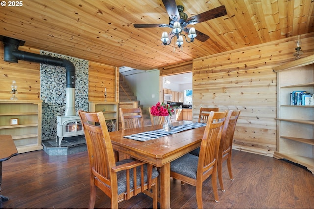3412 NE 399th St, La Center, WA 98629 - dining space featuring a wood stove, wooden walls, a ceiling fan, stairway, and wood ceiling
