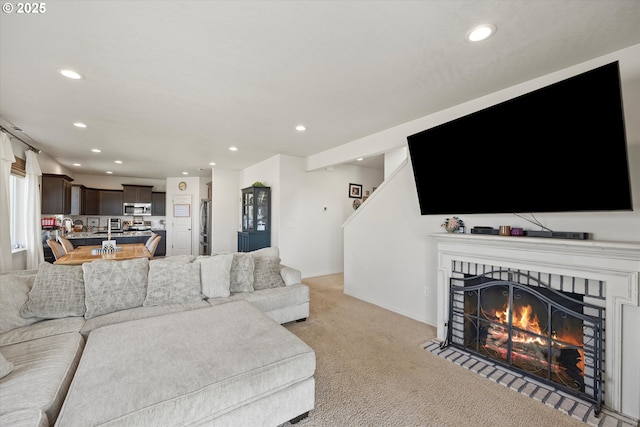 3 Patty Cir, Milton-Freewater, OR 97862 - living room with recessed lighting, light carpet, and a fireplace