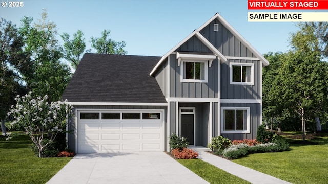 view of front of house featuring a front lawn, roof with shingles, board and batten siding, concrete driveway, and a garage