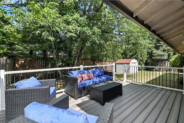 20603 SW Martinazzi Ave, Tualatin, OR 97062 - wooden terrace featuring a fenced backyard, a storage shed, and an outdoor hangout area