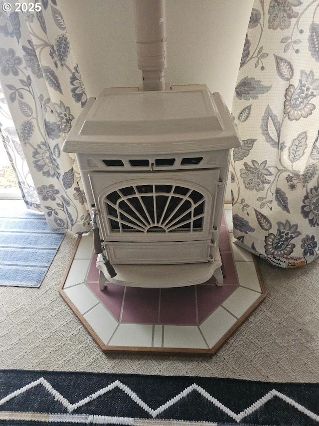 room details featuring carpet flooring and a wood stove