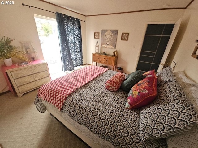 carpeted bedroom with crown molding