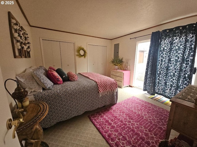 bedroom featuring crown molding, multiple closets, carpet floors, and a textured ceiling