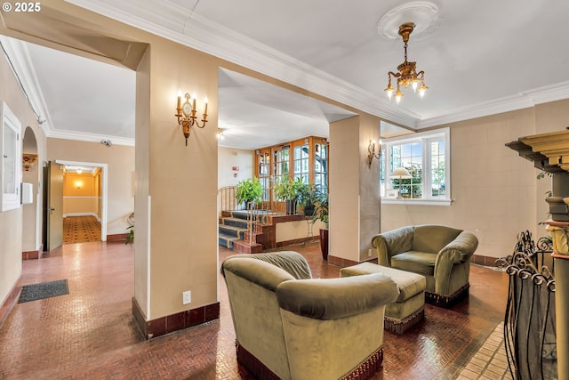 20 NW 16th Ave Unit 4, Portland, OR 97209 - living area with a chandelier, ornamental molding, baseboards, arched walkways, and brick patterned flooring