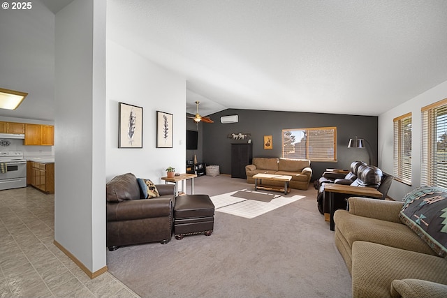 carpeted living room with lofted ceiling