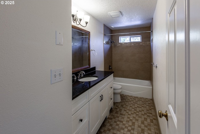 full bathroom featuring a textured ceiling, toilet, vanity, shower / tub combination, and tile patterned floors