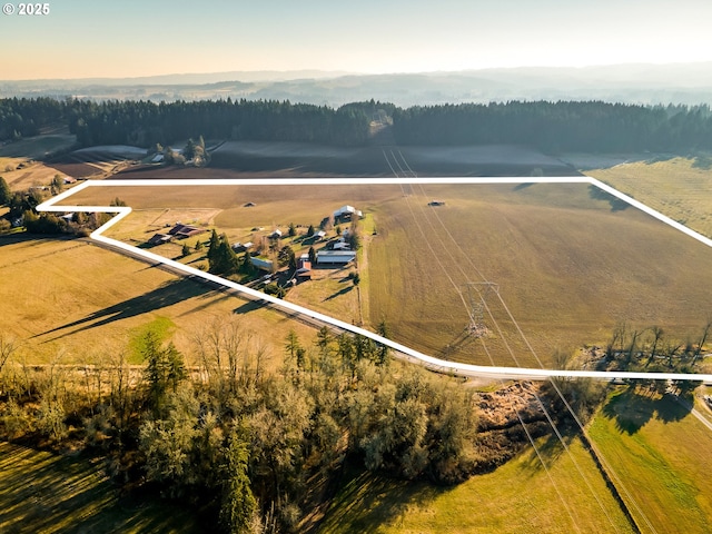 aerial view at dusk featuring a rural view and a water view