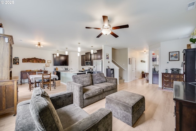 15506 NE 72nd Way, Vancouver, WA 98682 - living area featuring a ceiling fan, light wood-style flooring, and stairs