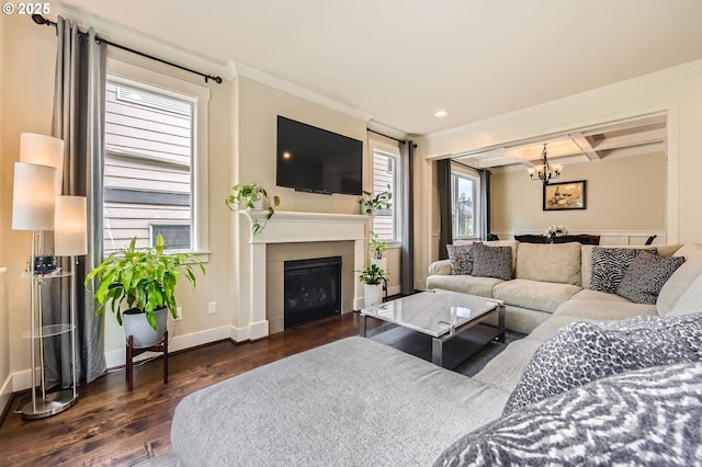living area with a chandelier, dark wood-style floors, baseboards, recessed lighting, and a fireplace