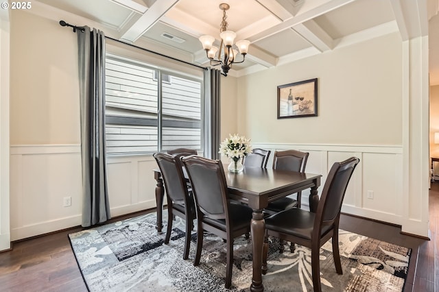 dining space with a chandelier, coffered ceiling, dark wood-type flooring, beam ceiling, and a wainscoted wall