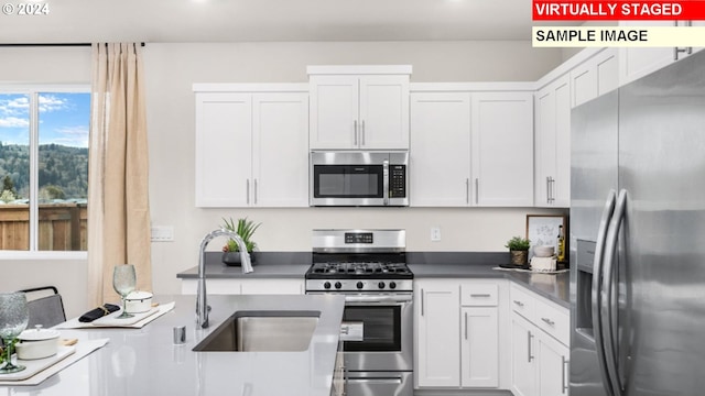 819 Misty Ln, Forest Grove, OR 97116 - kitchen with stainless steel appliances, a sink, white cabinetry, and recessed lighting