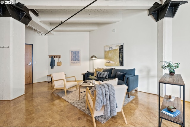 living area with a high ceiling, rail lighting, and beam ceiling