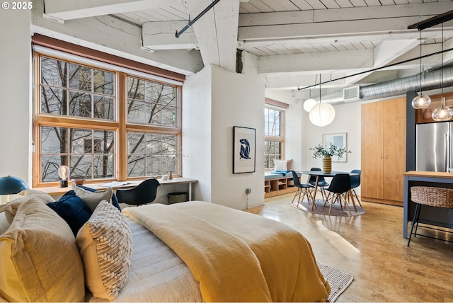 bedroom with visible vents, wood ceiling, concrete flooring, stainless steel fridge, and beamed ceiling