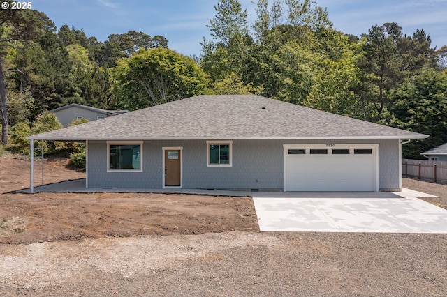 7320 Tanglewood Ave, Gleneden Beach, OR 97388 - ranch-style house with a shingled roof, an attached garage, and concrete driveway
