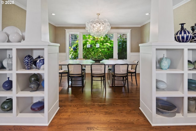 17900 Crestline Dr, Lake Oswego, OR 97034 - dining space featuring a chandelier, ornamental molding, wood finished floors, and a wainscoted wall