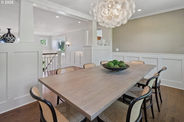 17900 Crestline Dr, Lake Oswego, OR 97034 - dining room with ornamental molding, dark wood-type flooring, a chandelier, wainscoting, and recessed lighting