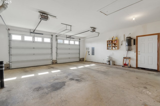 garage with electric panel and a garage door opener