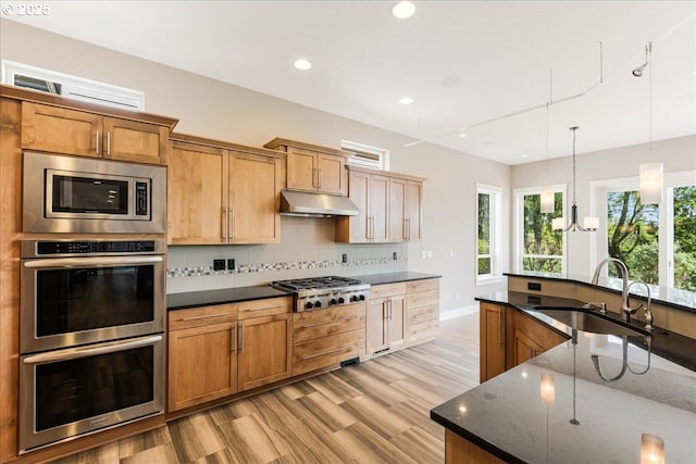 32092 SW Willamette Way E, Wilsonville, OR 97070 - kitchen with a sink, stainless steel appliances, under cabinet range hood, decorative backsplash, and recessed lighting