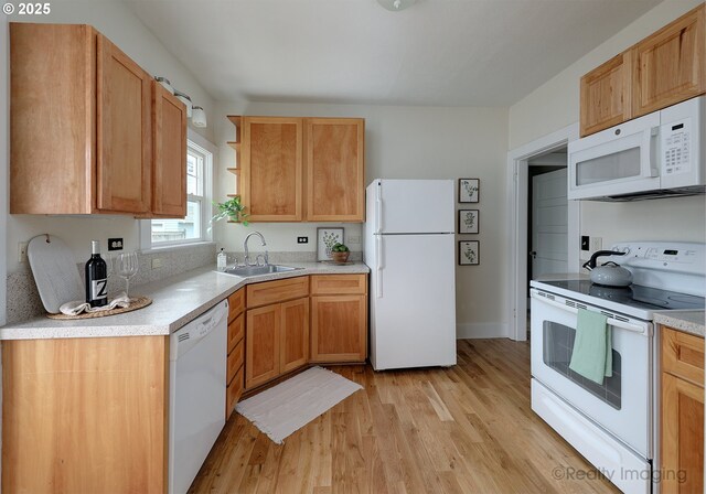 kitchen with sink, white appliances, and light hardwood / wood-style flooring