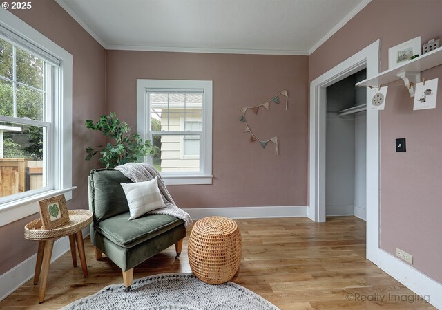 living area featuring ornamental molding and light hardwood / wood-style floors