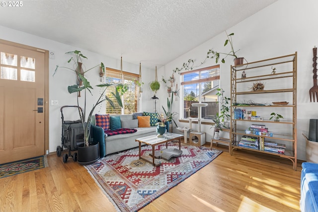 living area with a textured ceiling and wood finished floors