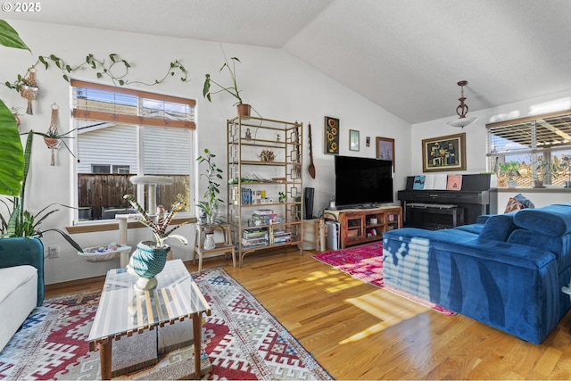 living room featuring wood finished floors and vaulted ceiling